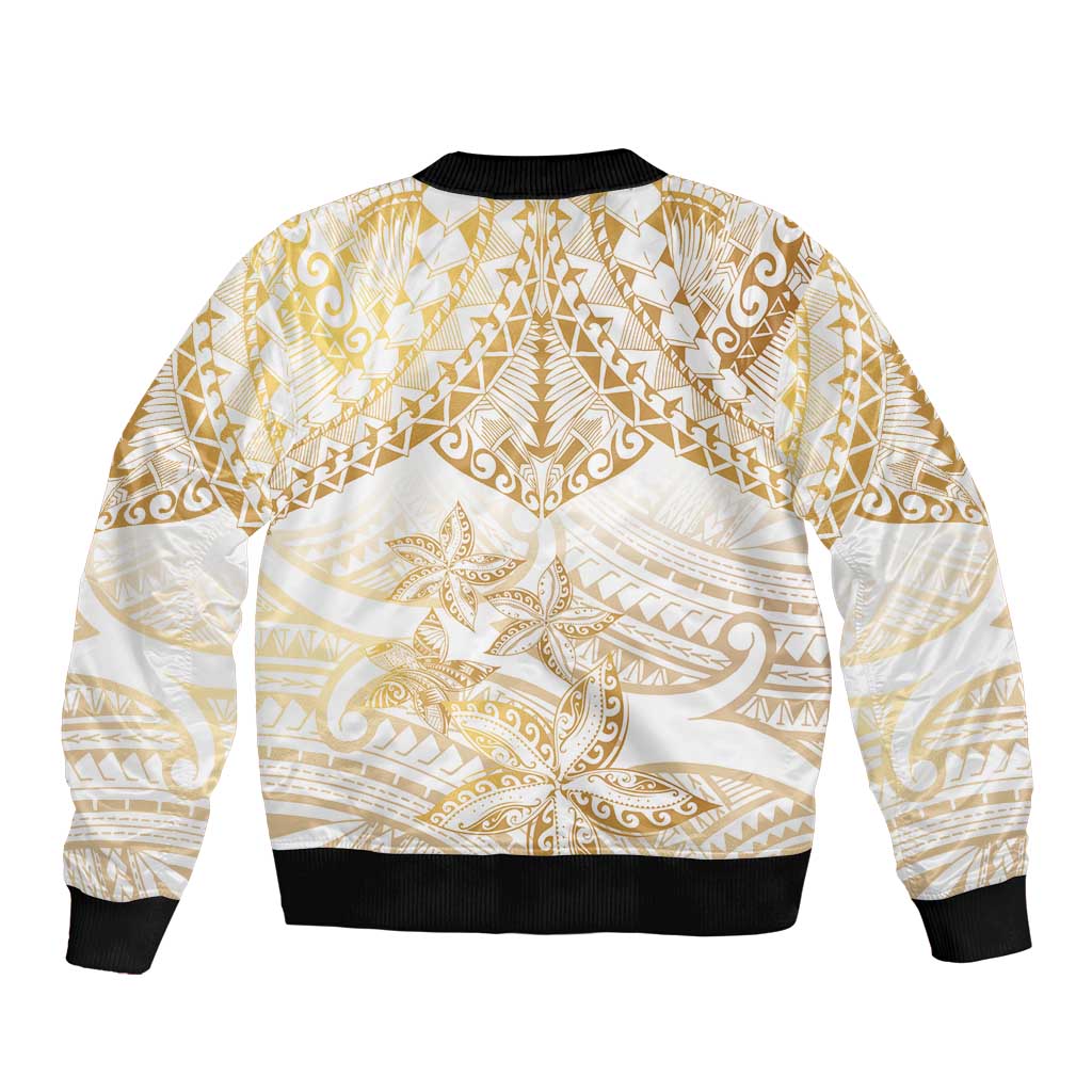 White and Gold Polynesia Sleeve Zip Bomber Jacket Plumeria Tattoo With Polynesian Pattern