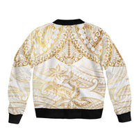 White and Gold Polynesia Sleeve Zip Bomber Jacket Plumeria Tattoo With Polynesian Pattern