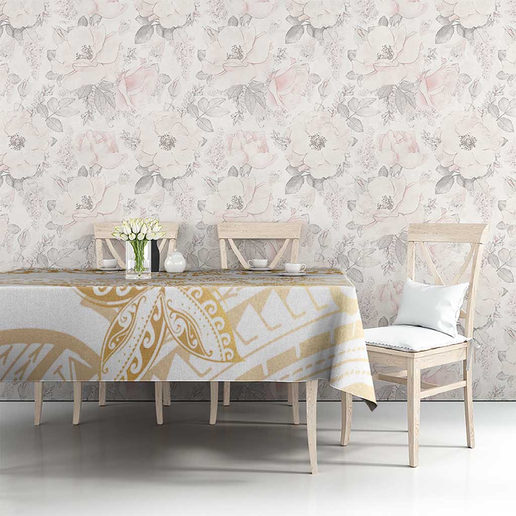White and Gold Polynesia Tablecloth Plumeria Tattoo With Polynesian Pattern