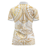 White and Gold Polynesia Women Polo Shirt Plumeria Tattoo With Polynesian Pattern