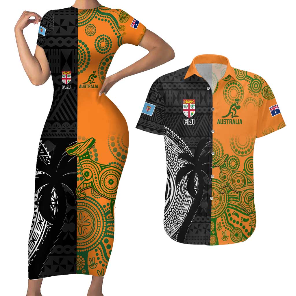 Custom Fiji And Australia Rugby Couples Matching Short Sleeve Bodycon Dress and Hawaiian Shirt Fijian Tapa Pattern With Aussie Aboriginal Art