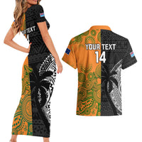 Custom Fiji And Australia Rugby Couples Matching Short Sleeve Bodycon Dress and Hawaiian Shirt Fijian Tapa Pattern With Aussie Aboriginal Art
