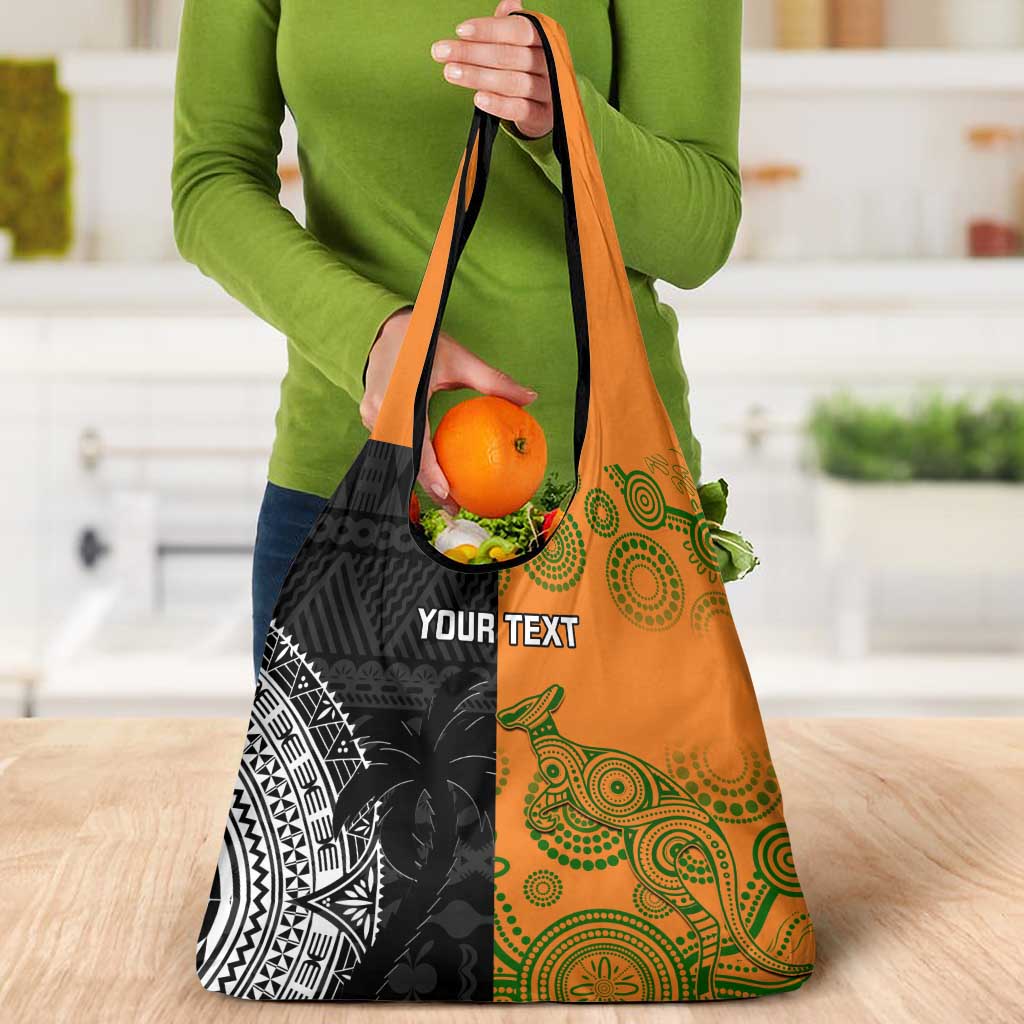 Custom Fiji And Australia Rugby Grocery Bag Fijian Tapa Pattern With Aussie Aboriginal Art