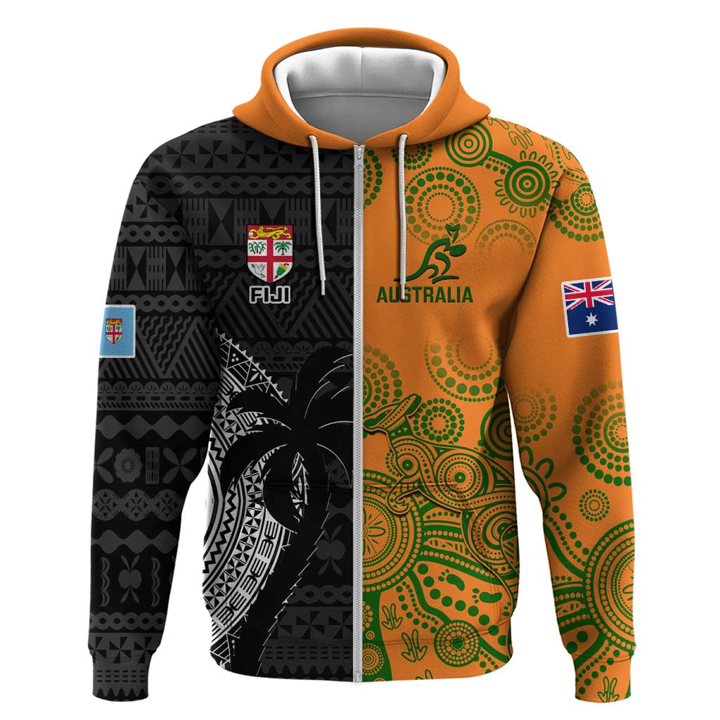 Custom Fiji And Australia Rugby Hoodie Fijian Tapa Pattern With Aussie Aboriginal Art