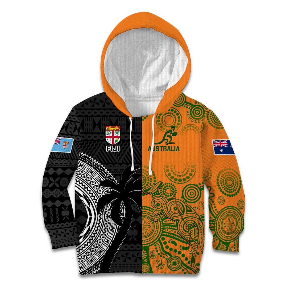 Custom Fiji And Australia Rugby Kid Hoodie Fijian Tapa Pattern With Aussie Aboriginal Art