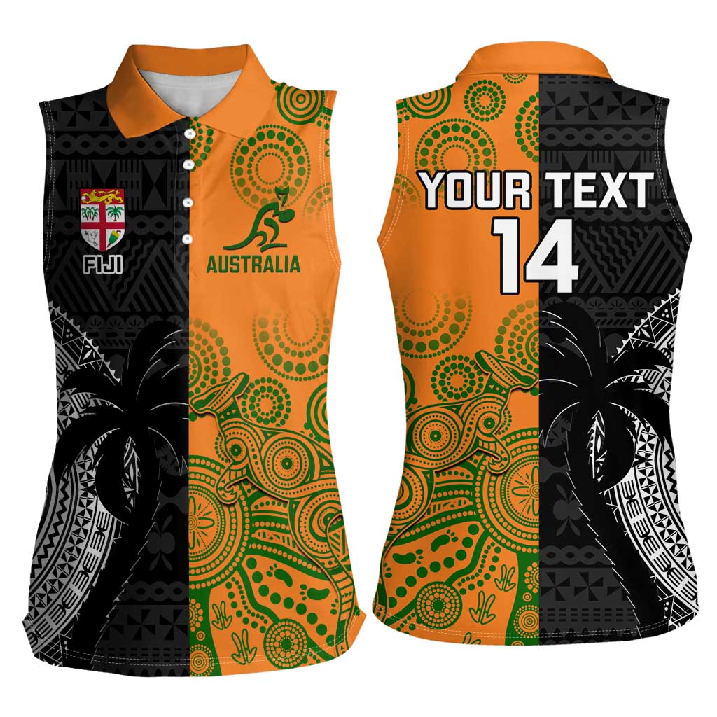Custom Fiji And Australia Rugby Women Sleeveless Polo Shirt Fijian Tapa Pattern With Aussie Aboriginal Art