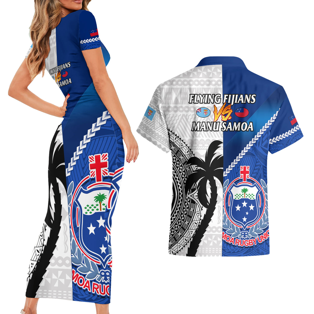 fiji-and-samoa-rugby-couples-matching-short-sleeve-bodycon-dress-and-hawaiian-shirt-2023-world-cup-samoan-mix-tapa-pattern