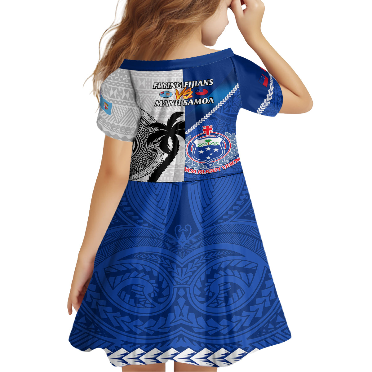 fiji-and-samoa-rugby-kid-short-sleeve-dress-2023-world-cup-samoan-mix-tapa-pattern