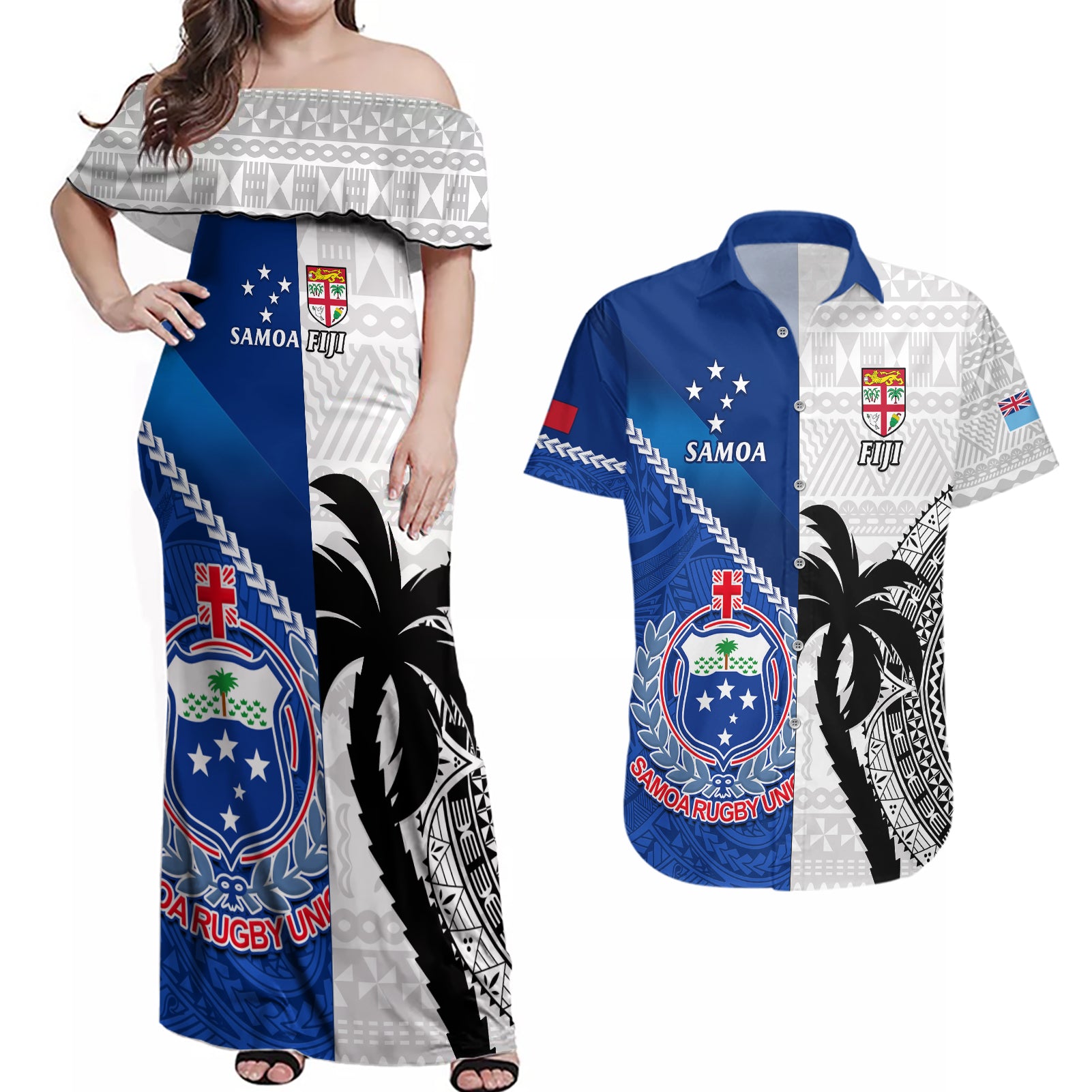 custom-fiji-and-samoa-rugby-couples-matching-off-shoulder-maxi-dress-and-hawaiian-shirt-2023-world-cup-samoan-mix-tapa-pattern