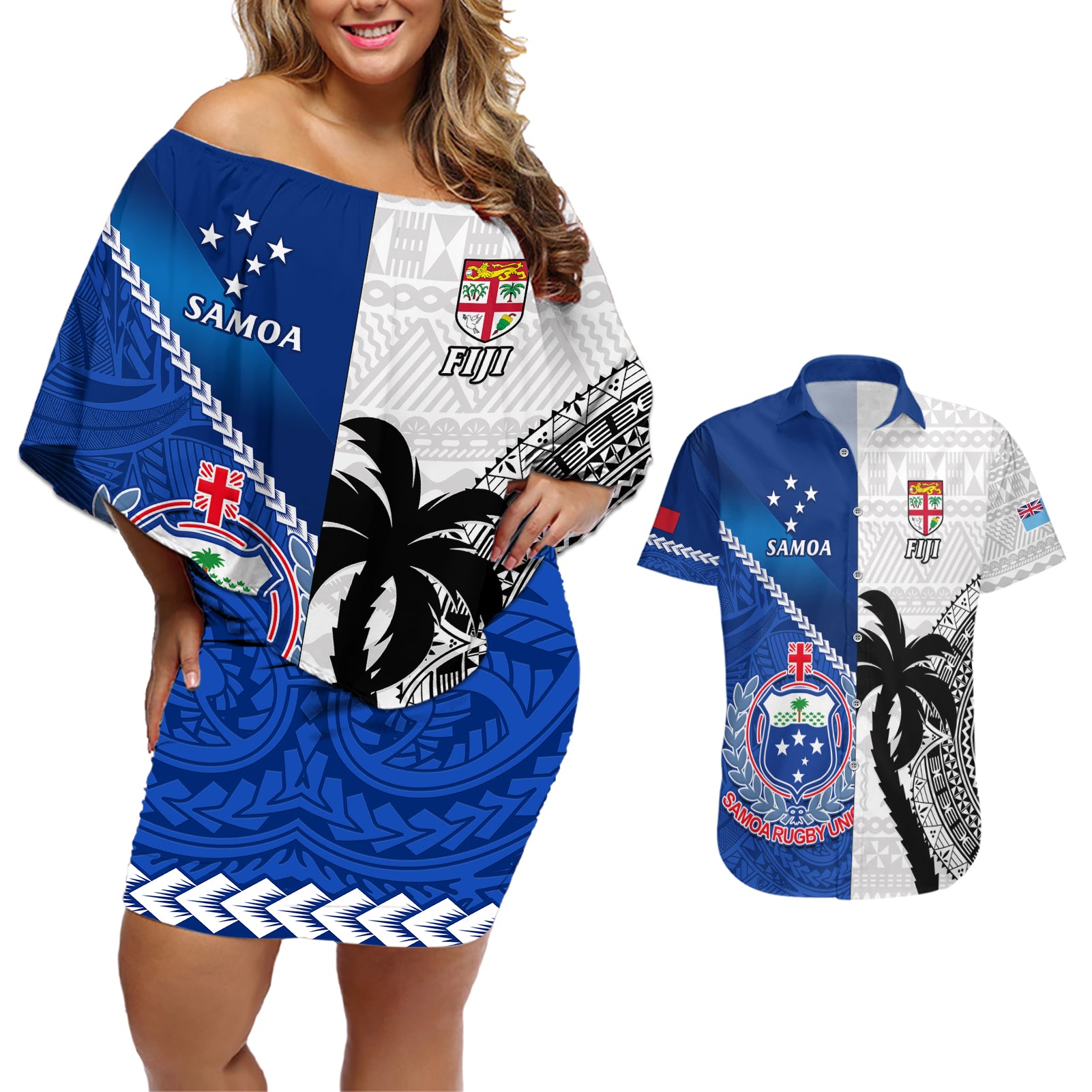 custom-fiji-and-samoa-rugby-couples-matching-off-shoulder-short-dress-and-hawaiian-shirt-2023-world-cup-samoan-mix-tapa-pattern