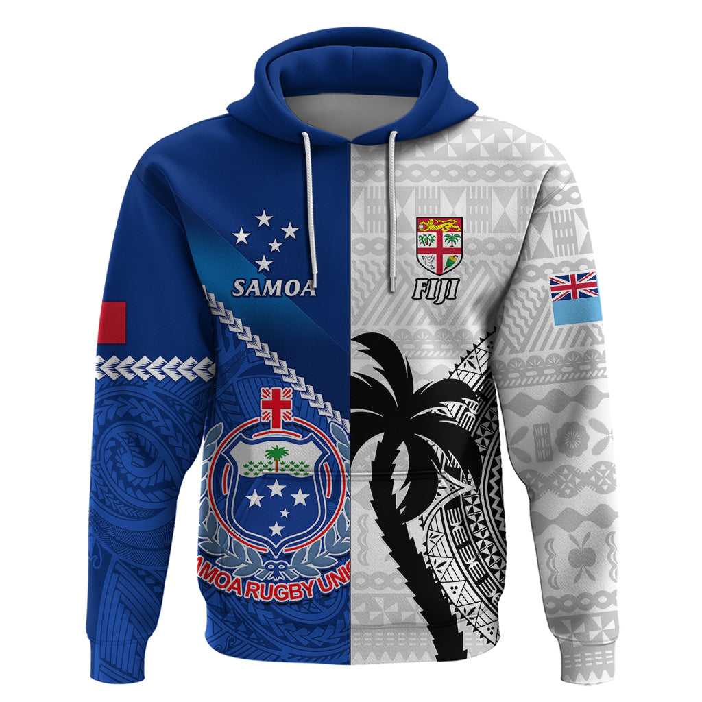 Custom Fiji And Samoa Rugby Hoodie 2023 World Cup Samoan Mix Tapa Pattern LT14 Pullover Hoodie Blue - Polynesian Pride