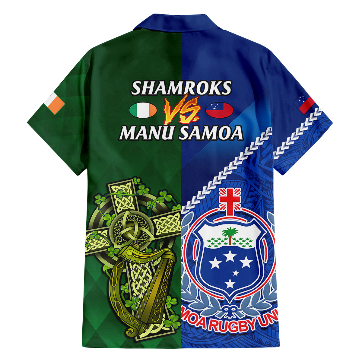 samoa-and-ireland-rugby-family-matching-off-shoulder-short-dress-and-hawaiian-shirt-2023-world-cup-manu-samoa-with-shamrocks
