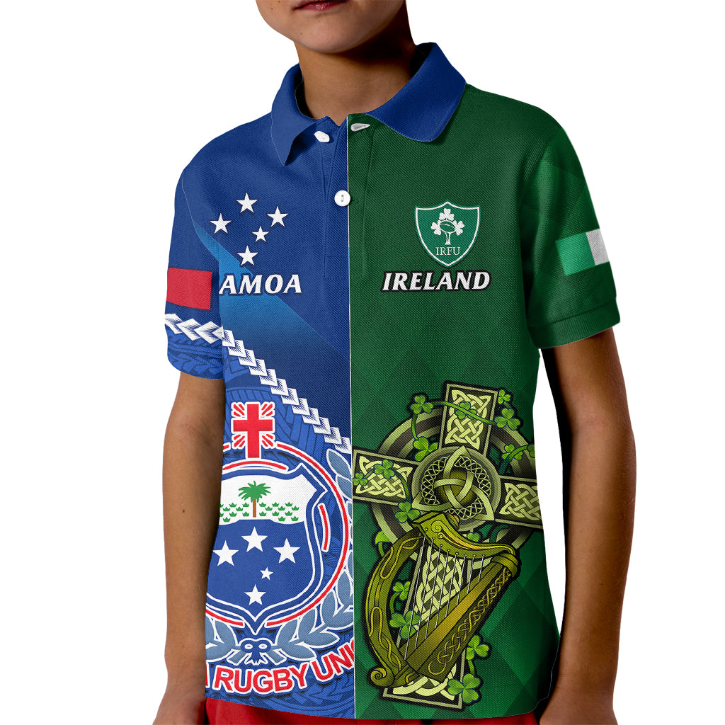 Samoa And Ireland Rugby Kid Polo Shirt 2023 World Cup Manu Samoa With Shamrocks LT14 Kid Blue - Polynesian Pride
