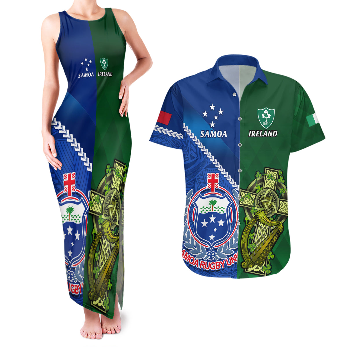 Custom Samoa And Ireland Rugby Couples Matching Tank Maxi Dress and Hawaiian Shirt 2023 World Cup Manu Samoa With Shamrocks LT14 Blue - Polynesian Pride