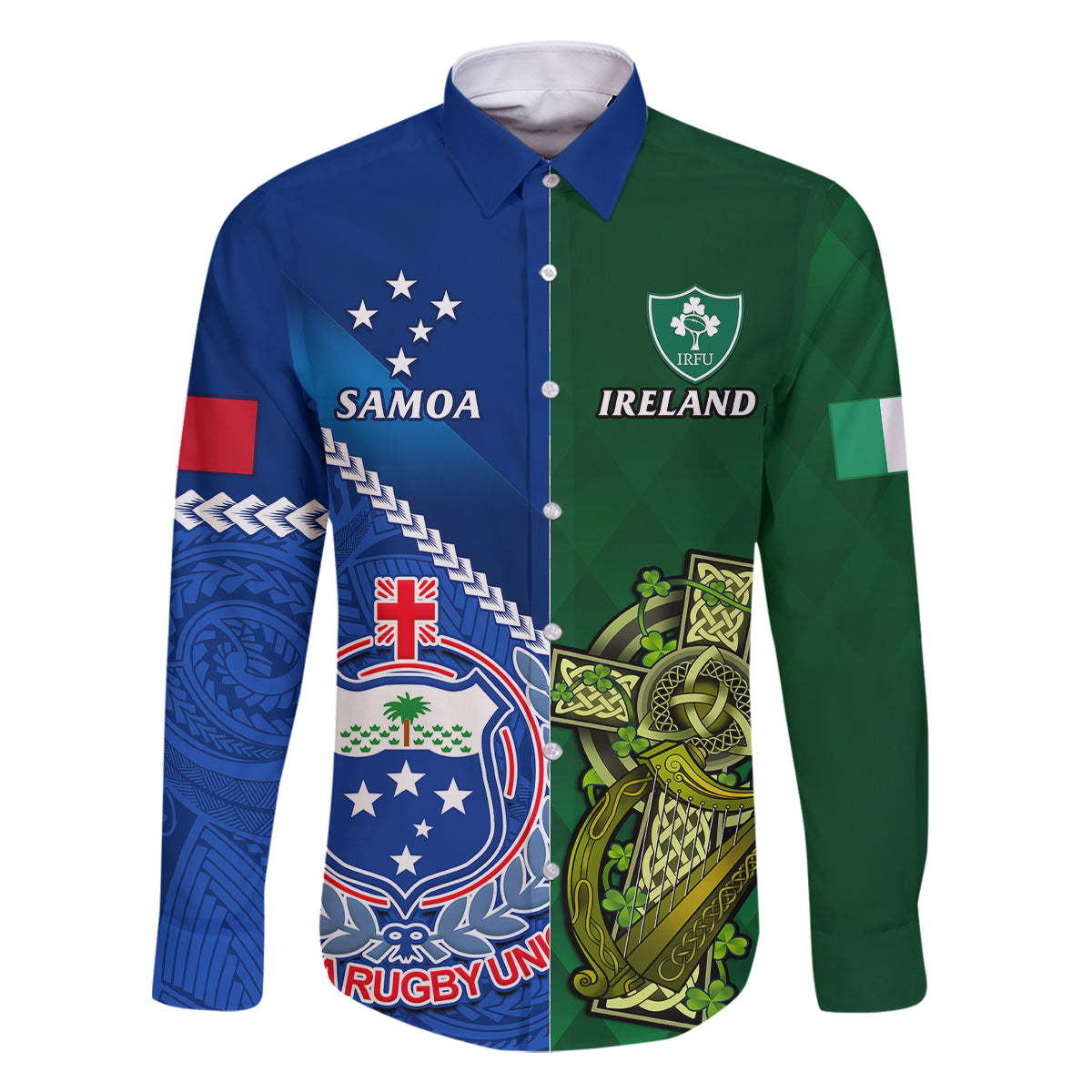 custom-samoa-and-ireland-rugby-family-matching-off-shoulder-long-sleeve-dress-and-hawaiian-shirt-2023-world-cup-manu-samoa-with-shamrocks
