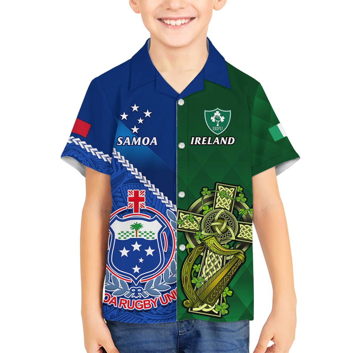 custom-samoa-and-ireland-rugby-family-matching-off-shoulder-long-sleeve-dress-and-hawaiian-shirt-2023-world-cup-manu-samoa-with-shamrocks