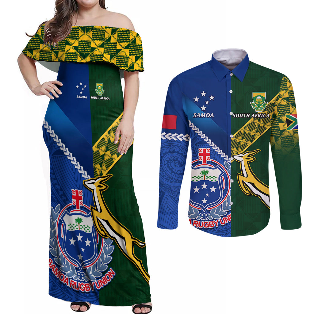 custom-samoa-and-south-africa-rugby-couples-matching-off-shoulder-maxi-dress-and-long-sleeve-button-shirts-2023-world-cup-manu-samoa-with-springboks