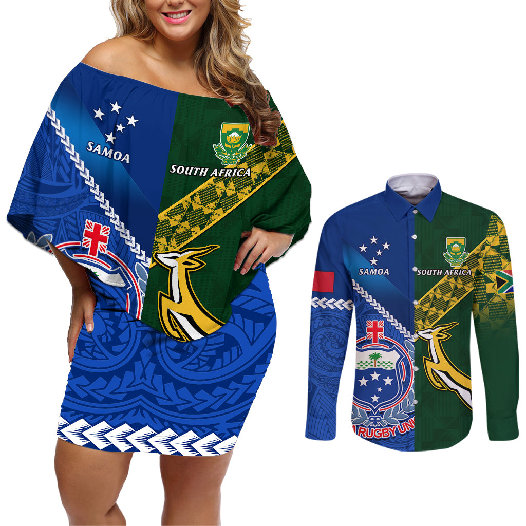 custom-samoa-and-south-africa-rugby-couples-matching-off-shoulder-short-dress-and-long-sleeve-button-shirts-2023-world-cup-manu-samoa-with-springboks