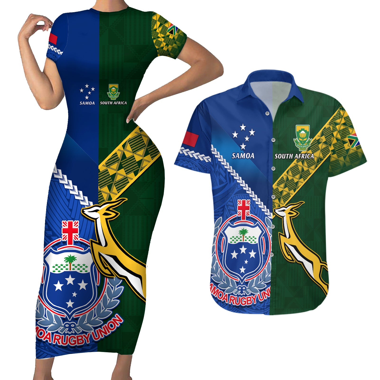 custom-samoa-and-south-africa-rugby-couples-matching-short-sleeve-bodycon-dress-and-hawaiian-shirt-2023-world-cup-manu-samoa-with-springboks