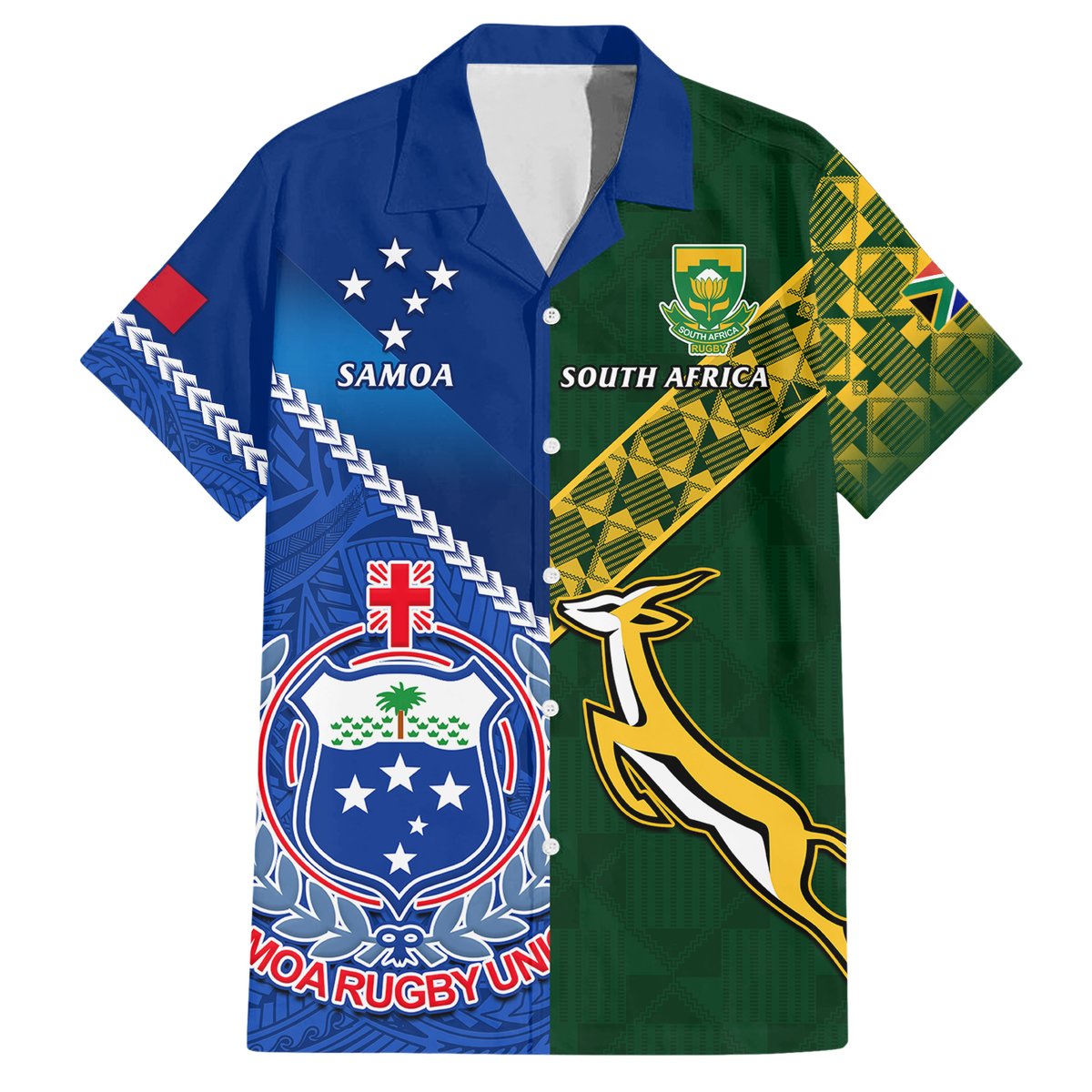Custom Samoa And South Africa Rugby Hawaiian Shirt 2023 World Cup Manu Samoa With Springboks LT14 Blue - Polynesian Pride