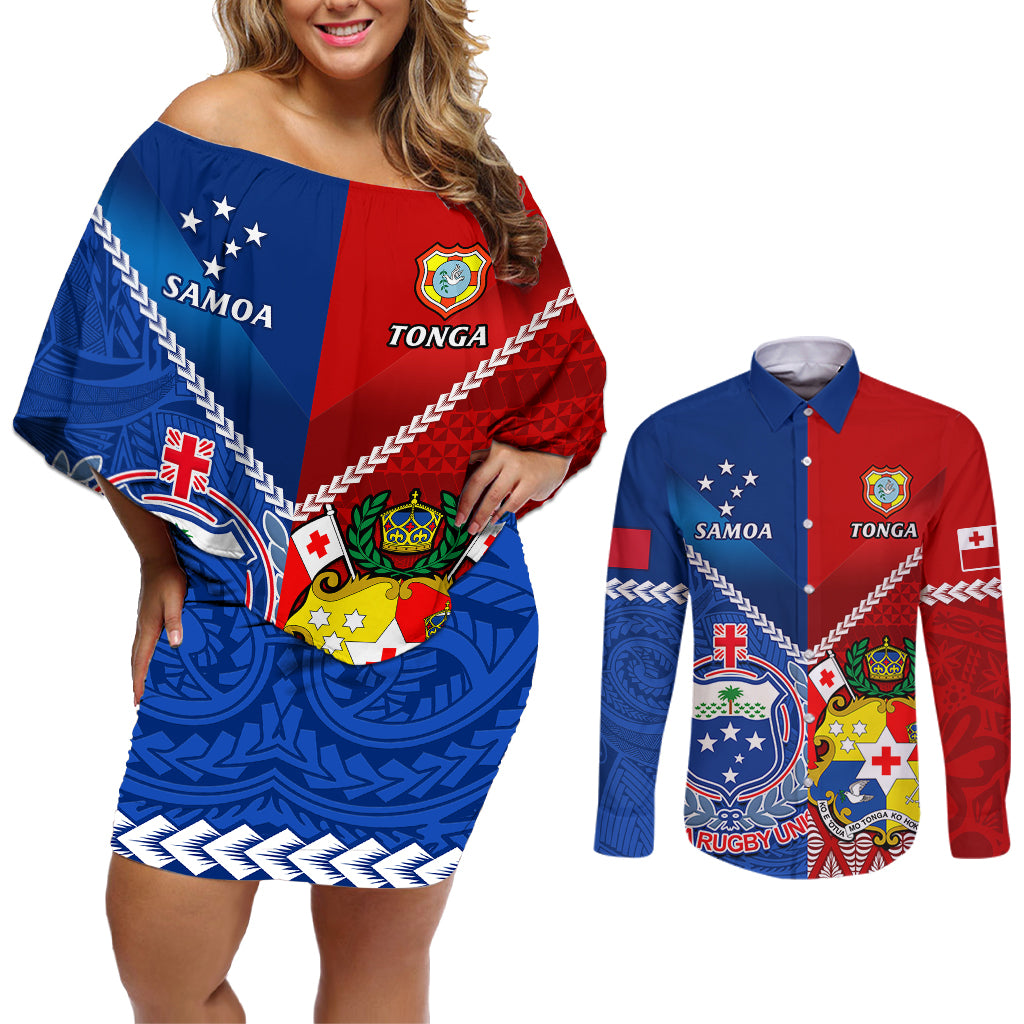 custom-samoa-and-tonga-rugby-couples-matching-off-shoulder-short-dress-and-long-sleeve-button-shirts-2023-world-cup-manu-samoa-with-ikale-tahi