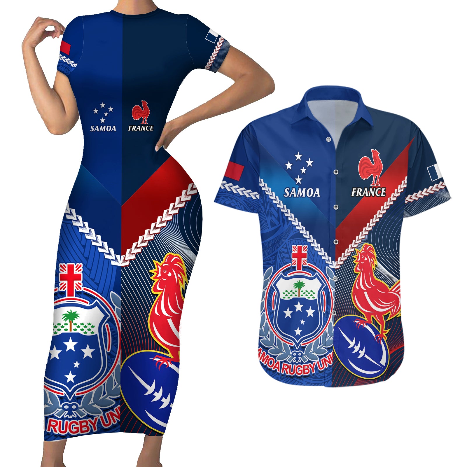 samoa-and-france-rugby-couples-matching-short-sleeve-bodycon-dress-and-hawaiian-shirt-2023-world-cup-manu-samoa-with-les-bleus