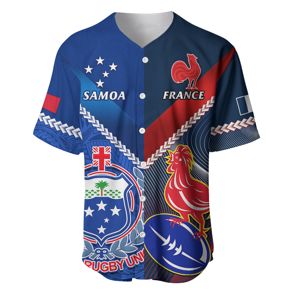Custom Samoa And France Rugby Baseball Jersey 2023 World Cup Manu Samoa With Les Bleus LT14 Blue - Polynesian Pride