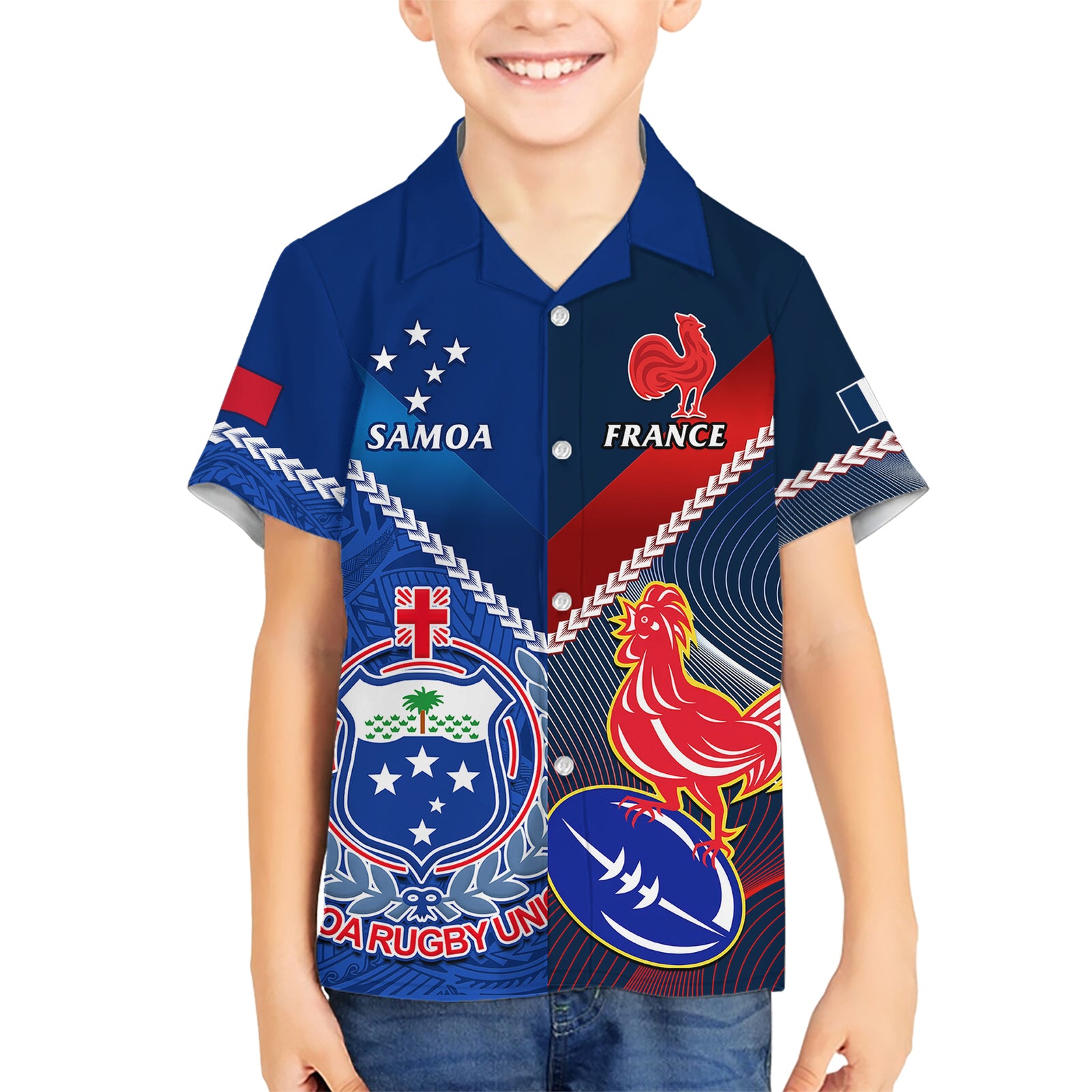 Custom Samoa And France Rugby Kid Hawaiian Shirt 2023 World Cup Manu Samoa With Les Bleus LT14 Kid Blue - Polynesian Pride