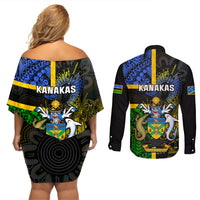 South Sea Islanders Couples Matching Off Shoulder Short Dress and Long Sleeve Button Shirts Kanakas With Solomon Islands Coat Of Arms LT14 - Polynesian Pride