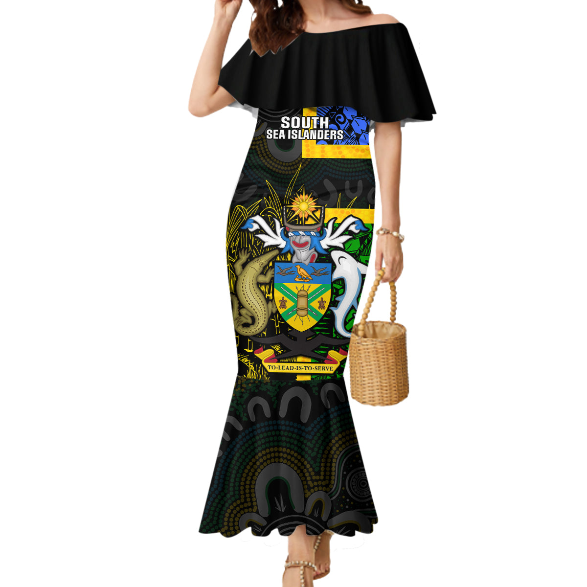 South Sea Islanders Mermaid Dress Kanakas With Solomon Islands Coat Of Arms LT14 Women Black - Polynesian Pride