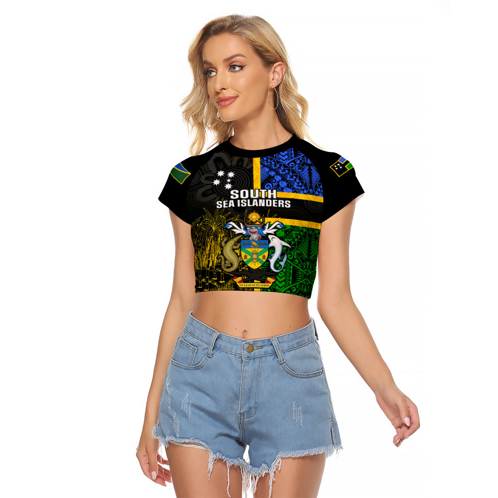 South Sea Islanders Raglan Cropped T Shirt Kanakas With Solomon Islands Coat Of Arms LT14 Female Black - Polynesian Pride