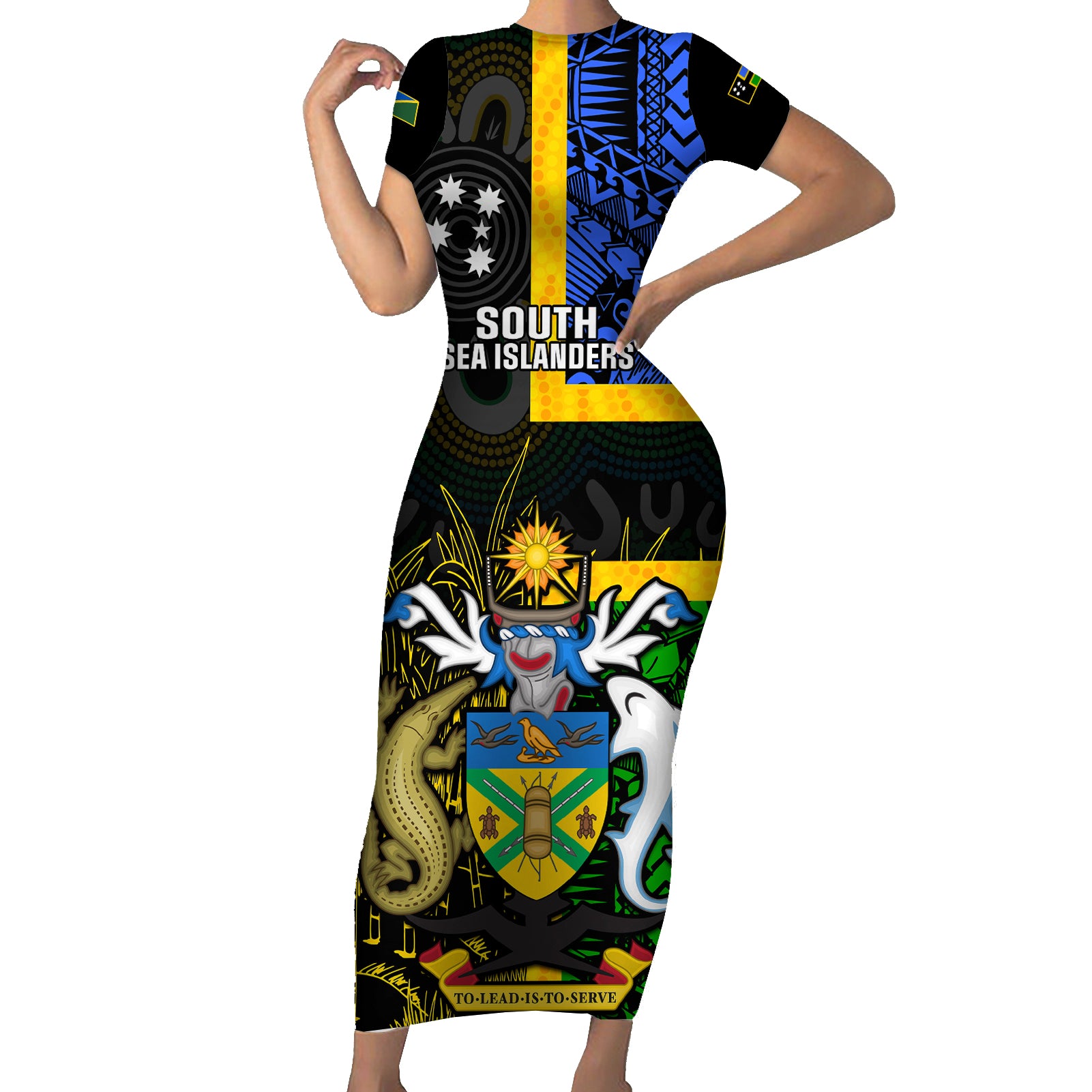 South Sea Islanders Short Sleeve Bodycon Dress Kanakas With Solomon Islands Coat Of Arms LT14 Long Dress Black - Polynesian Pride