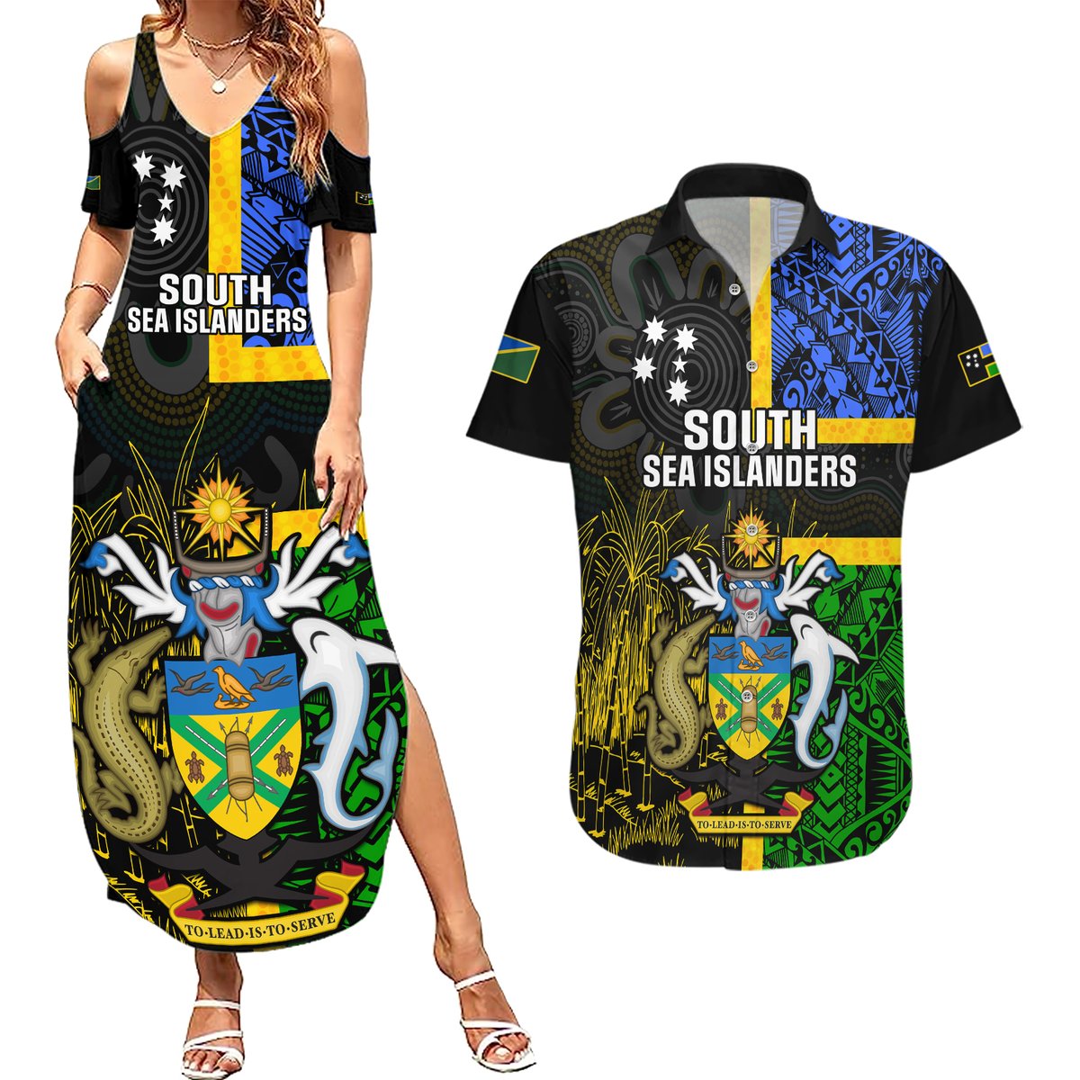 Personalised South Sea Islanders Couples Matching Summer Maxi Dress and Hawaiian Shirt Kanakas With Solomon Islands Coat Of Arms LT14 Black - Polynesian Pride