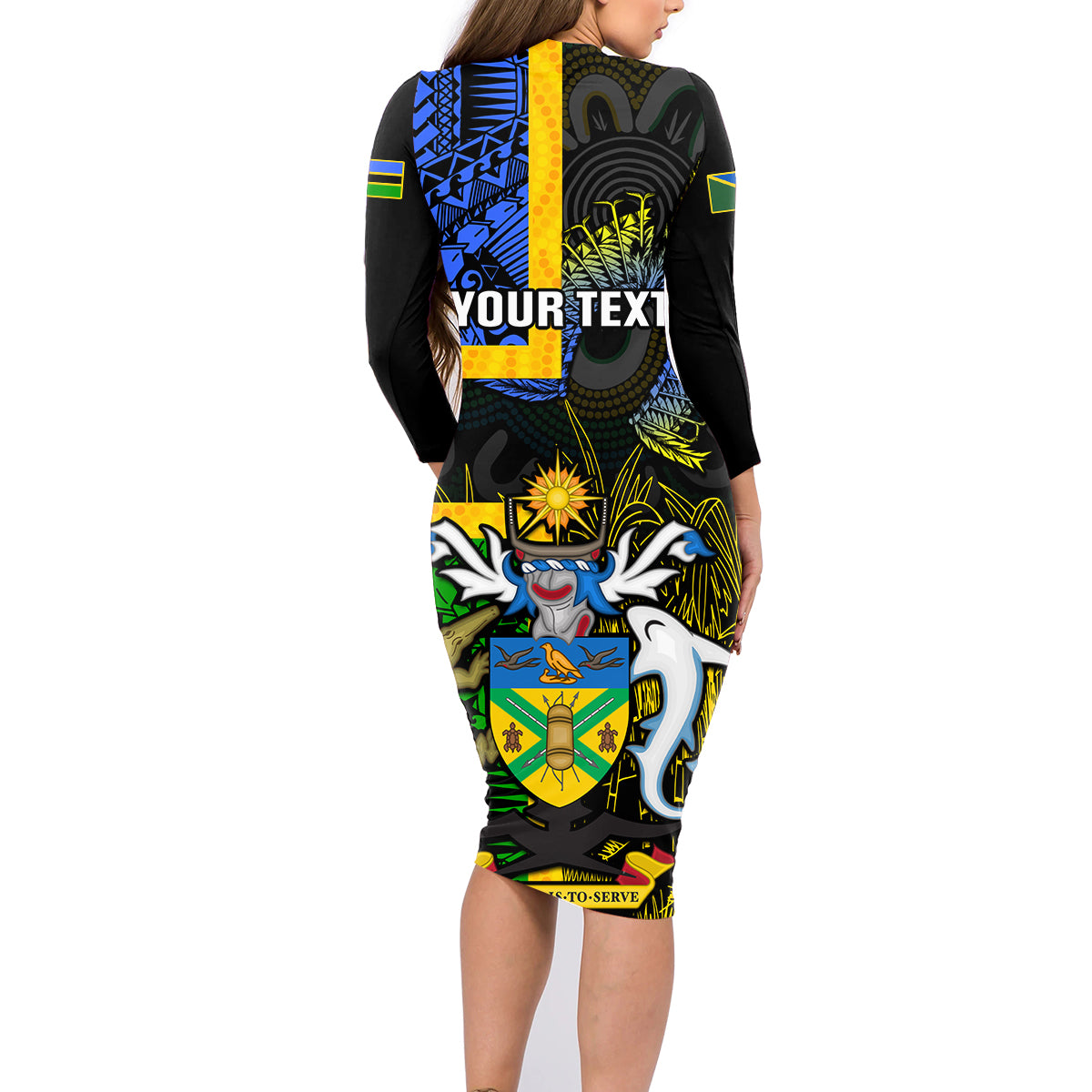 Personalised South Sea Islanders Family Matching Long Sleeve Bodycon Dress and Hawaiian Shirt Kanakas With Solomon Islands Coat Of Arms LT14 - Polynesian Pride