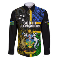 Personalised South Sea Islanders Family Matching Mermaid Dress and Hawaiian Shirt Kanakas With Solomon Islands Coat Of Arms LT14 Dad's Shirt - Long Sleeve Black - Polynesian Pride