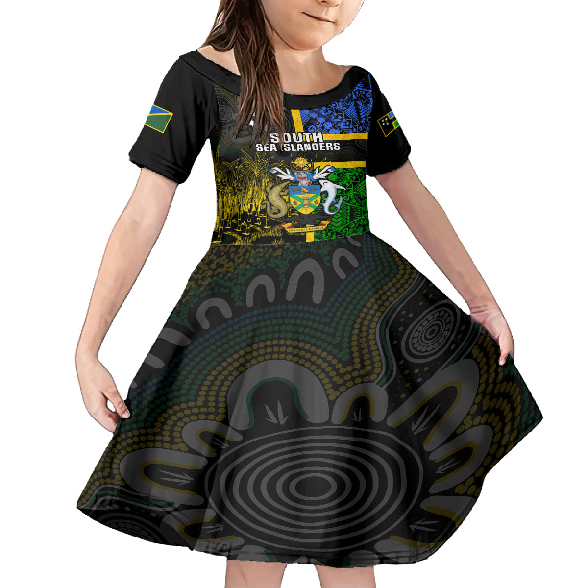 Personalised South Sea Islanders Family Matching Off Shoulder Maxi Dress and Hawaiian Shirt Kanakas With Solomon Islands Coat Of Arms LT14 Daughter's Dress Black - Polynesian Pride