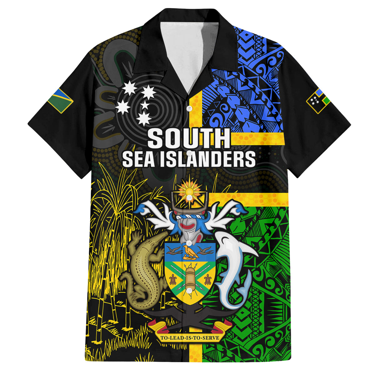 Personalised South Sea Islanders Family Matching Off Shoulder Maxi Dress and Hawaiian Shirt Kanakas With Solomon Islands Coat Of Arms LT14 Dad's Shirt - Short Sleeve Black - Polynesian Pride