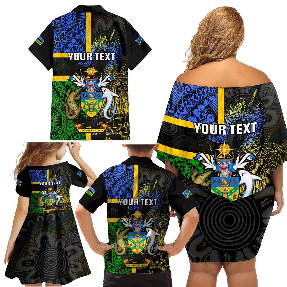 Personalised South Sea Islanders Family Matching Off Shoulder Short Dress and Hawaiian Shirt Kanakas With Solomon Islands Coat Of Arms LT14 - Polynesian Pride