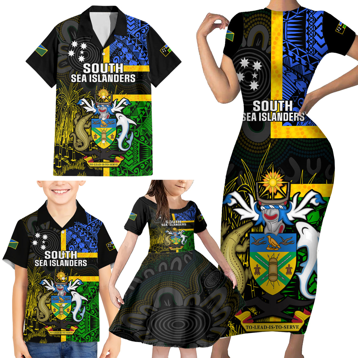 Personalised South Sea Islanders Family Matching Short Sleeve Bodycon Dress and Hawaiian Shirt Kanakas With Solomon Islands Coat Of Arms LT14 - Polynesian Pride