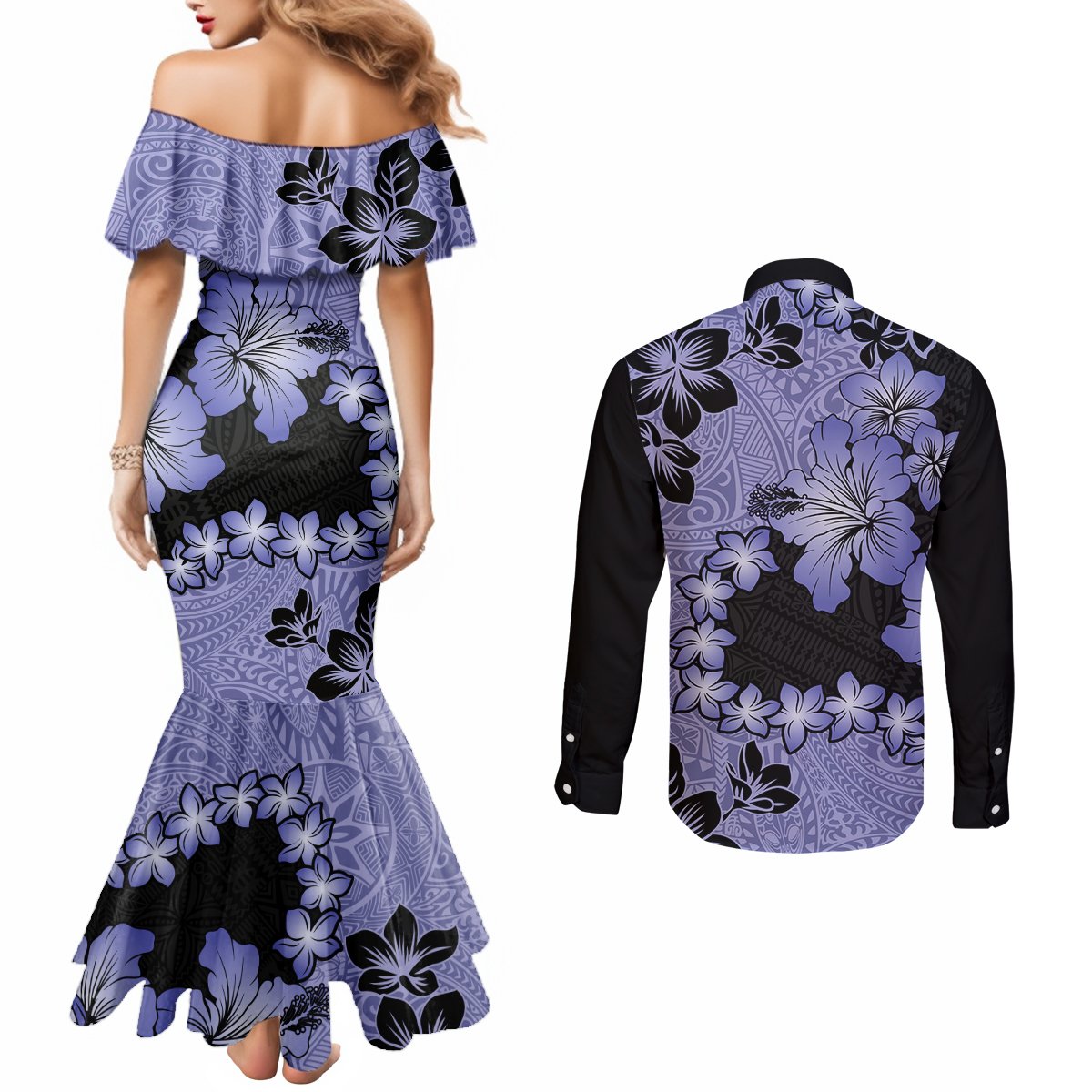 Purple Hawaii Couples Matching Mermaid Dress and Long Sleeve Button Shirt Tapa Cloth Mix Tropical Flowers Pastel Vibes LT14 - Polynesian Pride