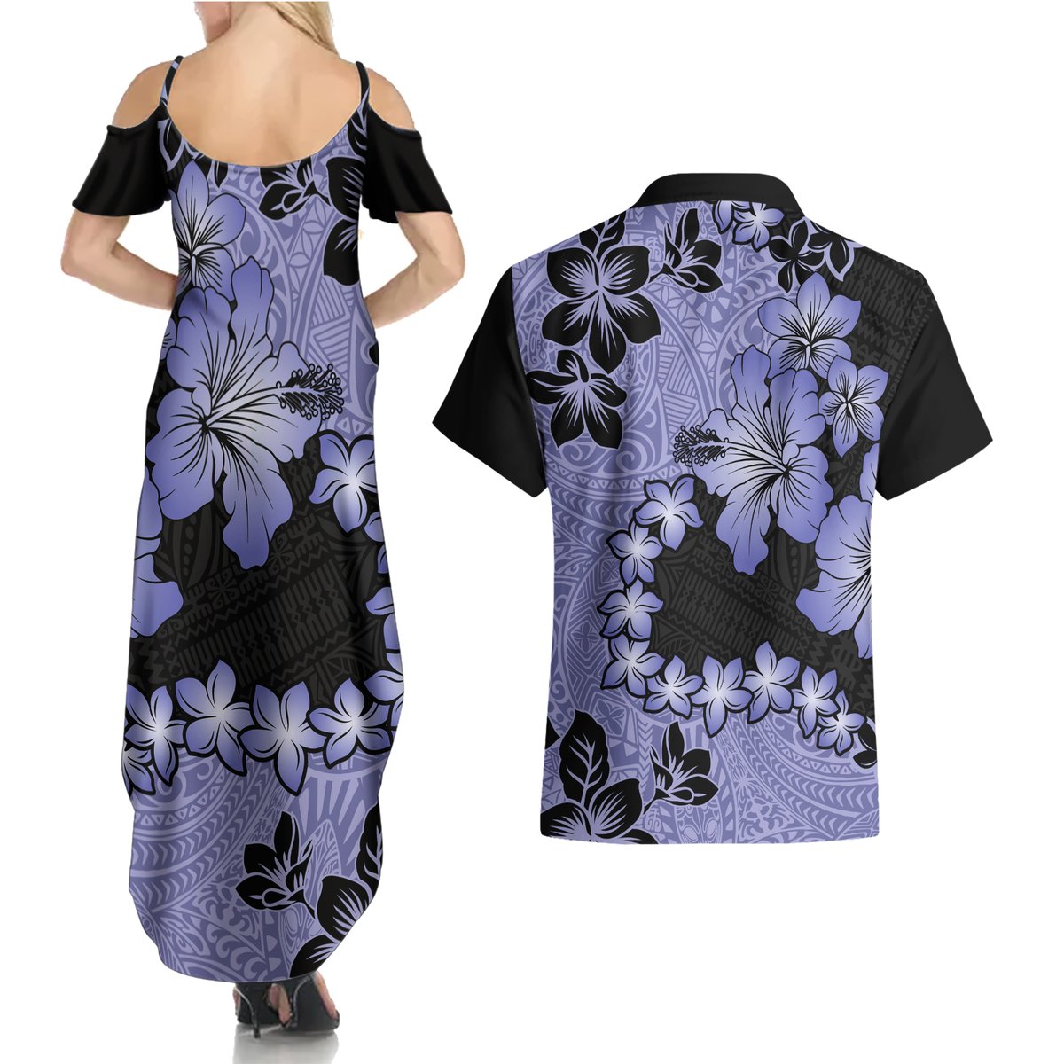 Purple Hawaii Couples Matching Summer Maxi Dress and Hawaiian Shirt Tapa Cloth Mix Tropical Flowers Pastel Vibes LT14 - Polynesian Pride