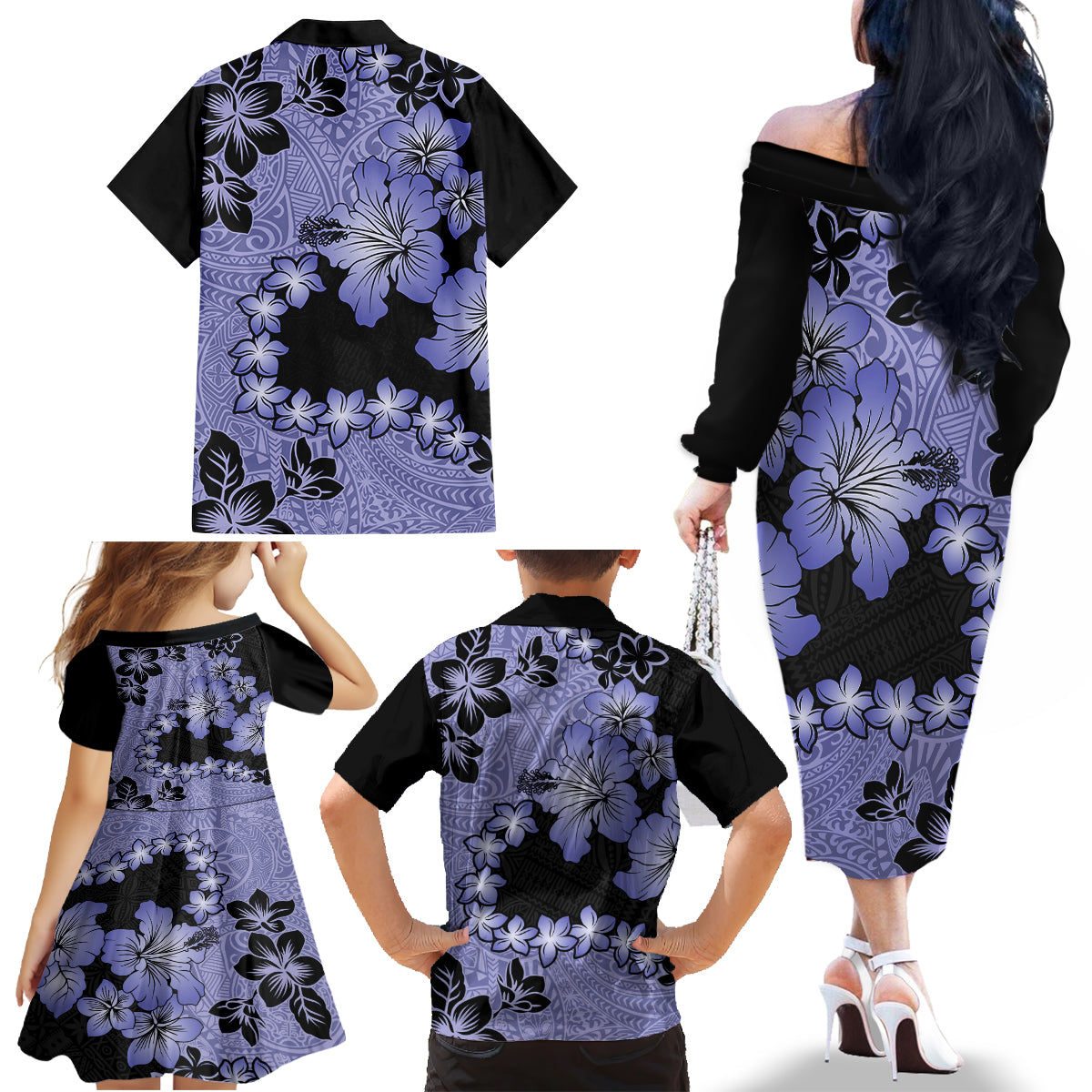 Purple Hawaii Family Matching Off Shoulder Long Sleeve Dress and Hawaiian Shirt Tapa Cloth Mix Tropical Flowers Pastel Vibes LT14 - Polynesian Pride