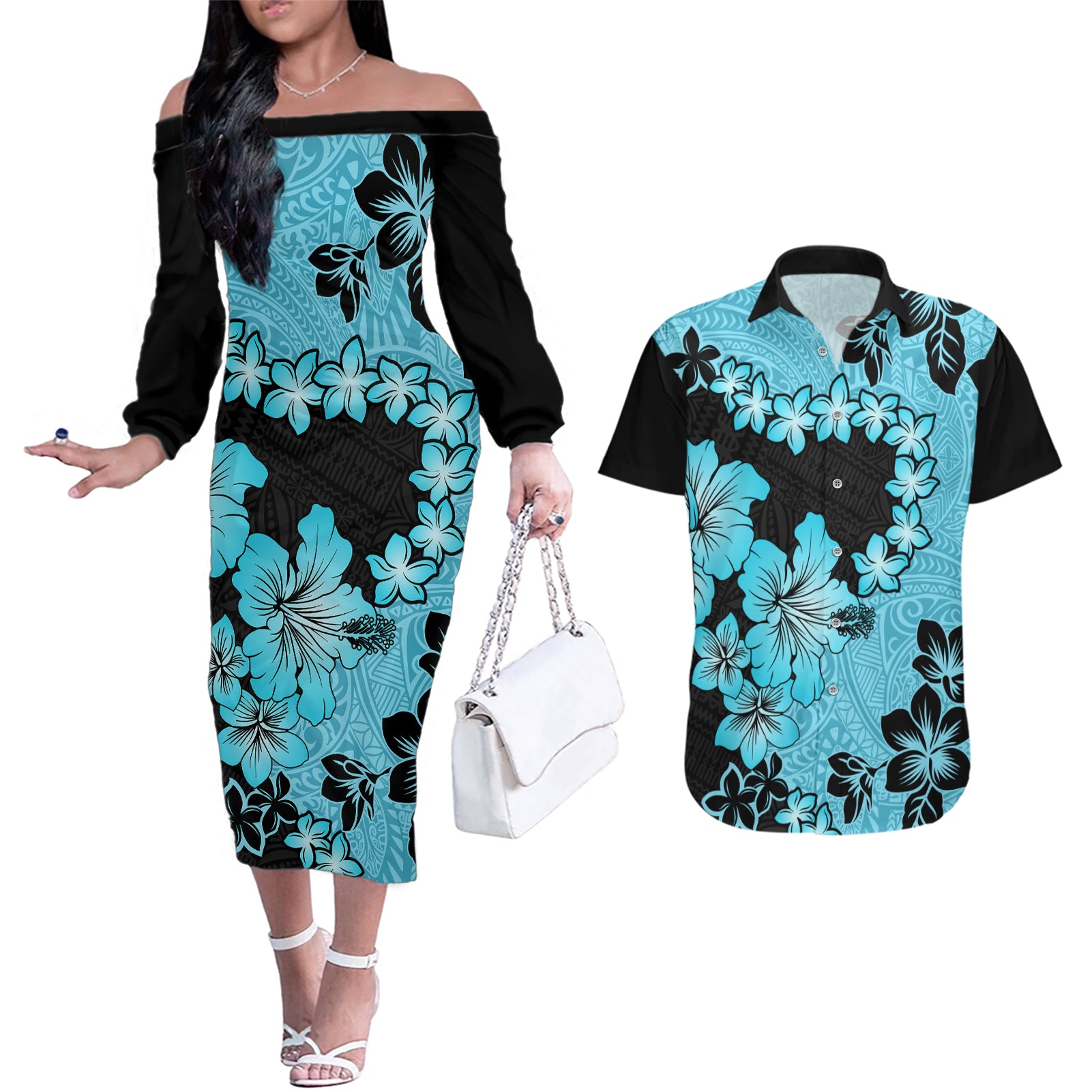 Blue Hawaii Couples Matching Off The Shoulder Long Sleeve Dress and Hawaiian Shirt Tapa Cloth Mix Tropical Flowers Pastel Vibes LT14 Blue - Polynesian Pride