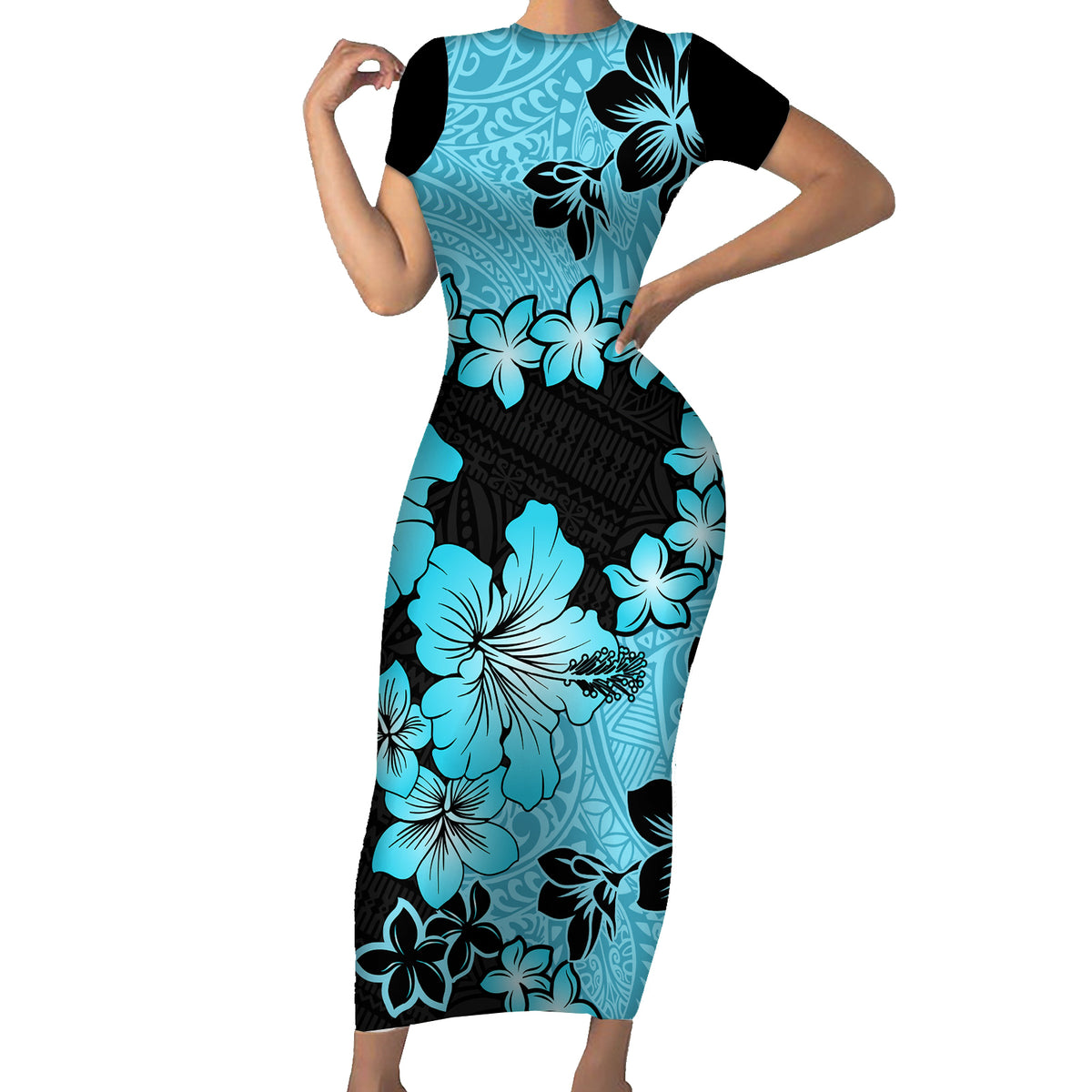 Blue Hawaii Family Matching Short Sleeve Bodycon Dress and Hawaiian Shirt Tapa Cloth Mix Tropical Flowers Pastel Vibes LT14 Mom's Dress Blue - Polynesian Pride