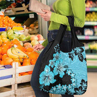 Blue Hawaii Grocery Bag Tapa Cloth Mix Tropical Flowers Pastel Vibes