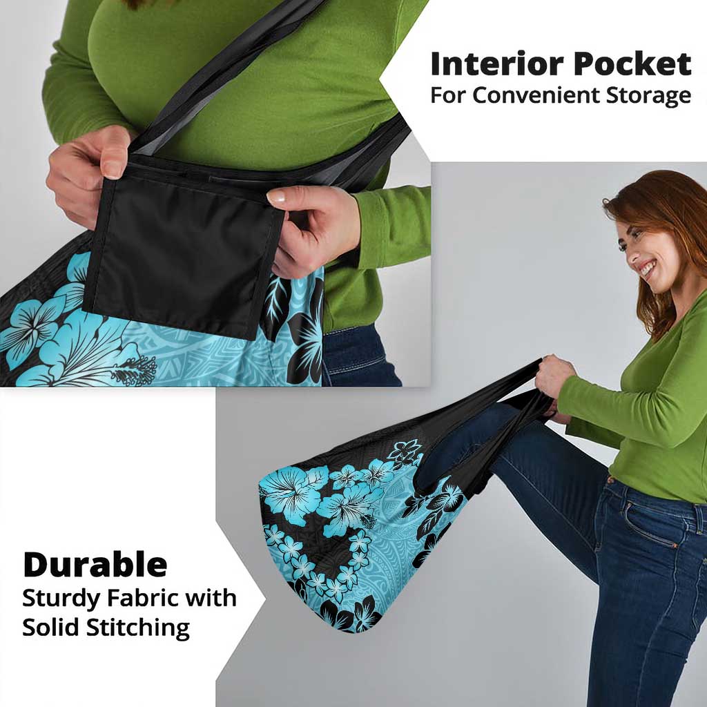 Blue Hawaii Grocery Bag Tapa Cloth Mix Tropical Flowers Pastel Vibes