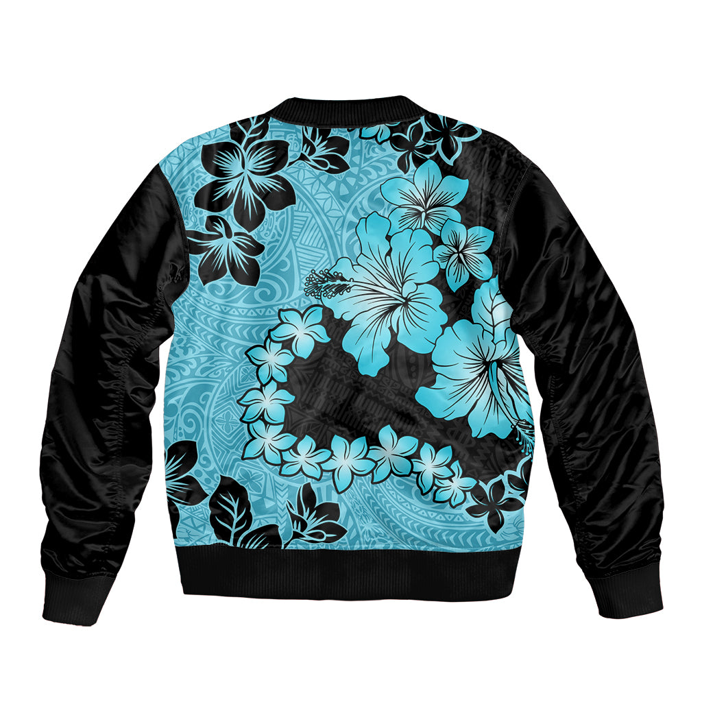 Blue Hawaii Sleeve Zip Bomber Jacket Tapa Cloth Mix Tropical Flowers Pastel Vibes LT14 - Polynesian Pride