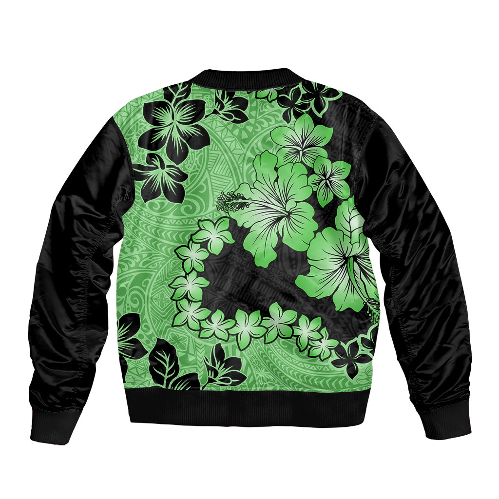 Green Hawaii Bomber Jacket Tapa Cloth Mix Tropical Flowers Pastel Vibes LT14 - Polynesian Pride