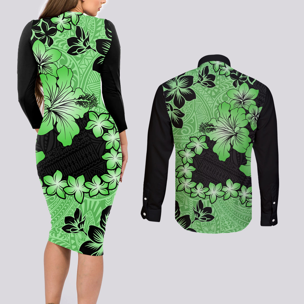 Green Hawaii Couples Matching Long Sleeve Bodycon Dress and Long Sleeve Button Shirt Tapa Cloth Mix Tropical Flowers Pastel Vibes LT14 - Polynesian Pride