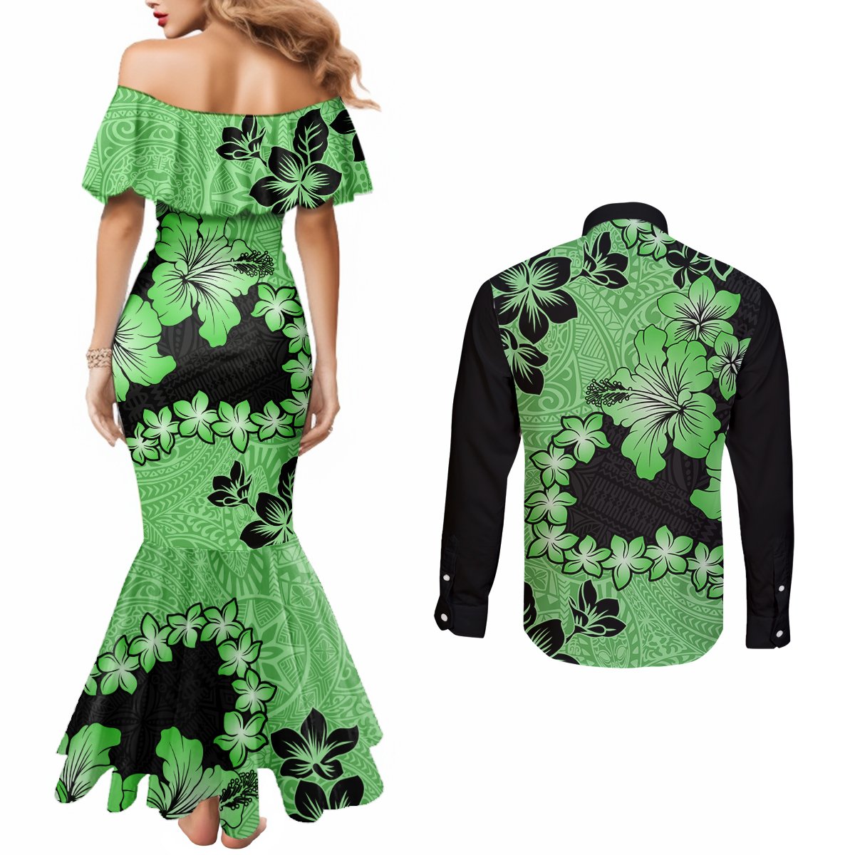 Green Hawaii Couples Matching Mermaid Dress and Long Sleeve Button Shirt Tapa Cloth Mix Tropical Flowers Pastel Vibes LT14 - Polynesian Pride